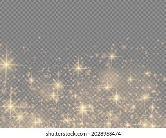 Fesselnde goldene magische Staubpartikel auf transparentem Hintergrund, weihnachtlicher Lichteffekt, Funkeln, glänzende Lichter, gelber Staubzauber und Sternschein mit Sonderlicht, Vektorgrafik.