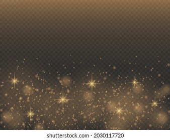 Sparkling golden magic dust particles on transparent background, sparkle, shine lights, yellow dust sparks and star shine with special light, Christmas sparkl light effect, vector illustration.