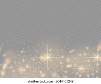 Sparkling golden magic dust particles on transparent background, sparkle, shine lights, yellow dust sparks and star shine with special light, Christmas sparkl light effect, vector illustration.