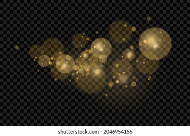 Las espumosas partículas mágicas de polvo doradas se colocan sobre un fondo transparente, efecto de luz brillante de Navidad, brillo, luces brillantes, chispas de polvo amarillo y brillo de estrella con luz especial, ilustración vectorial.