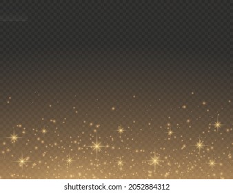 Sparkling golden magic dust particles on transparent background, sparkle, shine lights, yellow dust sparks and star shine with special light, Christmas sparkl light effect, vector illustration.