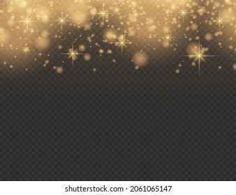 Fesselnde goldene magische Staubpartikel auf transparentem Hintergrund, weihnachtlicher Lichteffekt, Funkeln, glänzende Lichter, gelber Staubzauber und Sternschein mit Sonderlicht, Vektorgrafik.