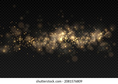 Esparcen partículas de polvo mágicas doradas sobre fondo transparente, brillo, luces brillantes, chispas de polvo amarillo y brillo estrella con luz especial, efecto de luz brillante de Navidad, ilustración vectorial.