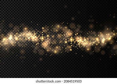 Sparkling golden magic dust particles bokeh on transparent background, Christmas sparkl light effect, sparkle, shine lights, yellow dust sparks and star shine with special light, vector illustration.