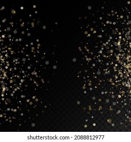 Fesselnde goldene magische Staubpartikel auf transparentem Hintergrund, Funkeln, glänzende Lichter, gelbe Staubfunken und Sternschimmer mit besonderem Licht, Weihnachtsfunkellicht, Vektorgrafik.