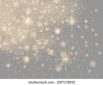Esparcen partículas de polvo mágicas doradas sobre fondo transparente, brillo, luces brillantes, chispas de polvo amarillo y brillo estrella con luz especial, efecto de luz brillante de Navidad, ilustración vectorial.