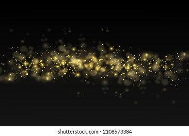 Las espumosas partículas mágicas de polvo brillan sobre fondo transparente, brillo, luces brillantes, chispas amarillas de polvo y brillo estrella con luz especial, efecto de luz brillante de Navidad, ilustración vectorial.