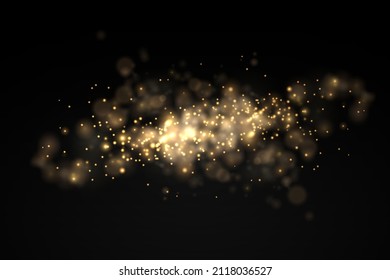 Sparkling golden magic dust particles bokeh on black background, Christmas sparkl light effect, sparkle, shine lights, yellow dust sparks and star shine with special light, vector illustration.