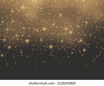 Fesselnde goldene magische Staubpartikel auf transparentem Hintergrund, Funkeln, glänzende Lichter, gelbe Staubfunken und Sternschimmer mit besonderem Licht, Weihnachtsfunkellicht, Vektorgrafik.