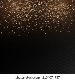 Esparcen partículas de polvo mágicas doradas sobre fondo transparente, chispas de polvo amarillo y brillo de estrella con luz especial, efecto de luz brillante de Navidad, brillo, luces brillantes, ilustración vectorial.