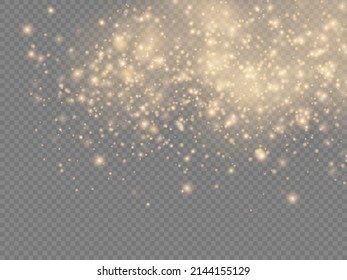 Esparcen partículas de polvo mágicas doradas sobre fondo transparente, brillo, luces brillantes, chispas de polvo amarillo y brillo estrella con luz especial, efecto de luz brillante de Navidad, ilustración vectorial.