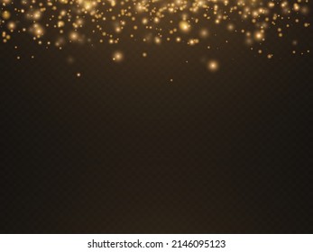 Sparkling golden magic dust particles on transparent background, sparkle, yellow dust sparks and star shine with special light, shine lights, Christmas sparkl light effect, vector illustration.