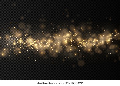 Fesselnde goldene magische Staubpartikel Bokeh auf transparentem Hintergrund, weihnachtlicher Lichteffekt, Funkeln, glänzende Lichter, gelber Staubfunken und Sternschein mit Sonderlicht, Vektorgrafik.