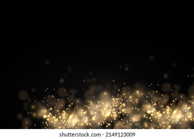 Sparkling golden magic dust particles bokeh on black background, Christmas sparkl light effect, sparkle, shine lights, yellow dust sparks and star shine with special light, vector illustration.