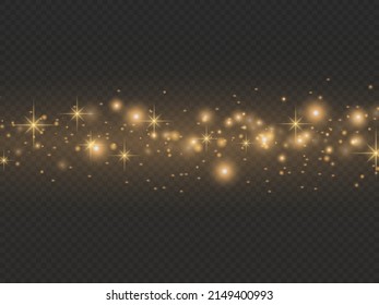 Sparkling golden magic dust particles on transparent background, sparkle, shine lights, yellow dust sparks and star shine with special light, Christmas sparkl light effect, vector illustration.