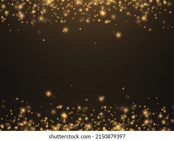 Sparkling golden magic dust particles on transparent background, sparkle, shine lights, yellow dust sparks and star shine with special light, Christmas sparkl light effect, vector illustration.
