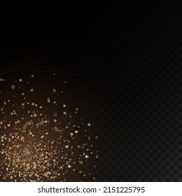 Fesselnde goldene magische Staubpartikel auf transparentem Hintergrund, Funkeln, glänzende Lichter, gelbe Staubfunken und Sternschimmer mit besonderem Licht, Weihnachtsfunkellicht, Vektorgrafik.