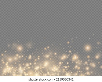 Esparcen partículas de polvo mágicas doradas sobre fondo transparente, brillo, luces brillantes, chispas de polvo amarillo y brillo estrella con luz especial, efecto de luz brillante de Navidad, ilustración vectorial.
