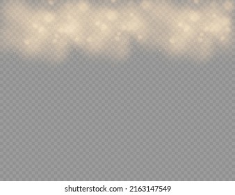 Las espumosas partículas mágicas de polvo doradas se colocan sobre un fondo transparente, efecto de luz brillante de Navidad, brillo, luces brillantes, chispas de polvo amarillo y brillo de estrella con luz especial, ilustración vectorial.