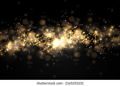Espumosas partículas de polvo mágicas doradas aparecen en el fondo negro, efecto de luz brillante de Navidad, brillo, luces brillantes, chispas de polvo amarillo y brillo de estrella con luz especial, ilustración vectorial.