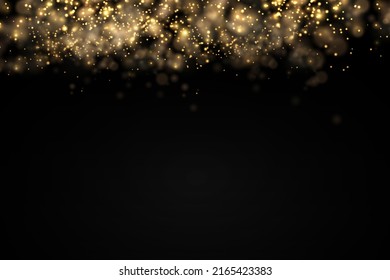 Sparkling golden magic dust particles bokeh on black background, Christmas sparkl light effect, sparkle, shine lights, yellow dust sparks and star shine with special light, vector illustration.