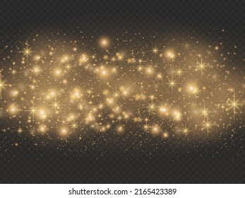 Sparkling golden magic dust particles bokeh on transparent background, Christmas sparkl light effect, sparkle, shine lights, yellow dust sparks and star shine with special light, vector illustration.