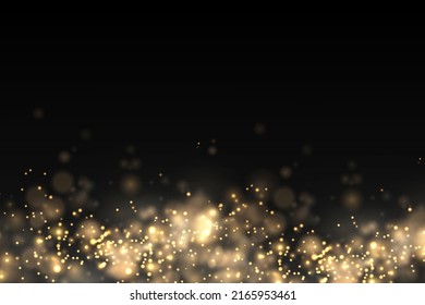 Las espumosas partículas mágicas de polvo doradas se colocan sobre un fondo transparente, efecto de luz brillante de Navidad, brillo, luces brillantes, chispas de polvo amarillo y brillo de estrella con luz especial, ilustración vectorial.