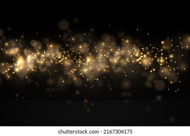 Sparkling golden magic dust particles bokeh on black background, Christmas sparkl light effect, sparkle, shine lights, yellow dust sparks and star shine with special light, vector illustration.