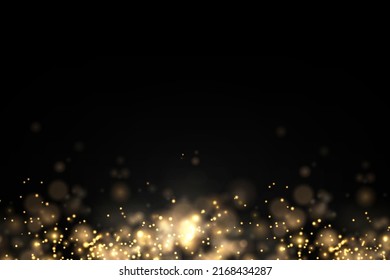 Sparkling golden magic dust particles bokeh on black background, Christmas sparkl light effect, sparkle, shine lights, yellow dust sparks and star shine with special light, vector illustration.