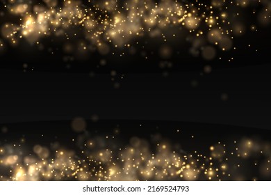 Espumosas partículas de polvo mágicas doradas aparecen en el fondo negro, efecto de luz brillante de Navidad, brillo, luces brillantes, chispas de polvo amarillo y brillo de estrella con luz especial, ilustración vectorial.