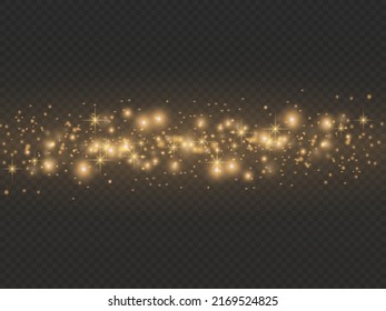 Fesselnde goldene magische Staubpartikel auf transparentem Hintergrund, weihnachtlicher Lichteffekt, Funkeln, glänzende Lichter, gelber Staubzauber und Sternschein mit Sonderlicht, Vektorgrafik.