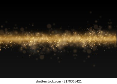 Sparkling golden magic dust particles bokeh on black background, Christmas sparkl light effect, sparkle, shine lights, yellow dust sparks and star shine with special light, vector illustration.