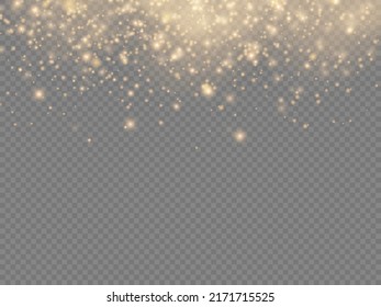 Sparkling golden magic dust particles on transparent background, Christmas sparkl light effect, sparkle, shine lights, yellow dust sparks and star shine with special light, vector illustration.