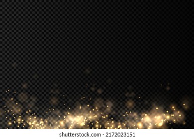 Frische, goldene Zauberpartikel Bokeh auf transparentem Hintergrund, gelbe Staubsparken und Sternschreie mit besonderem Licht, weihnachtlicher Lichteffekt, Funkeln, Lichter, Vektorgrafik.