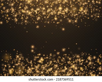 Sparkling golden magic dust particles on transparent background, sparkle, shine lights, yellow dust sparks and star shine with special light, Christmas sparkl light effect, vector illustration.