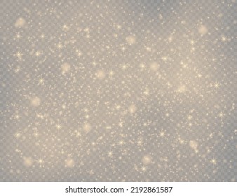 Esparcen partículas de polvo mágicas doradas sobre fondo transparente, brillo, luces brillantes, chispas de polvo amarillo y brillo estrella con luz especial, efecto de luz brillante de Navidad, ilustración vectorial.