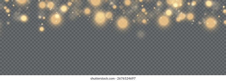Partículas mágicas de oro brillantes bokeh sobre fondo transparente, efecto de luz brillante de Navidades, destellos, luces brillantes, chispas de polvo amarillo y brillo de estrellas con luz especial, Ilustración vectorial.
