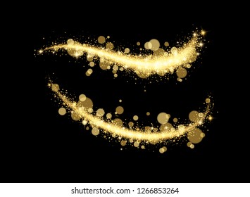 Sparkling golden magic light effect isolated on black