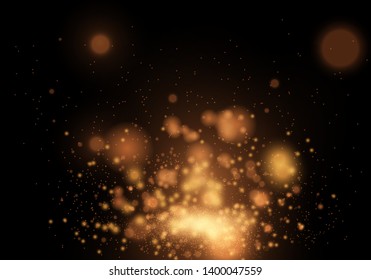 Sparkling golden magic star comet on black background. White sparks and stars glitter special light effect. Cosmic glittering wave. Christmas flash.