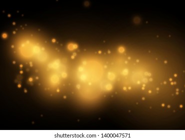 Sparkling golden magic star comet on black background. White sparks and stars glitter special light effect. Cosmic glittering wave. Christmas flash.