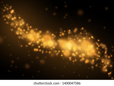 Sparkling golden magic star comet on black background. White sparks and stars glitter special light effect. Cosmic glittering wave. Christmas flash.