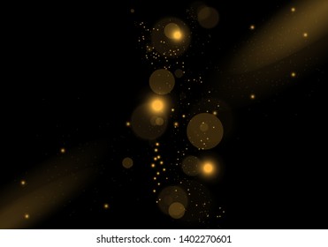 Sparkling golden magic star comet on black background. White sparks and stars glitter special light effect. Cosmic glittering wave. Christmas flash.