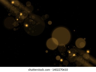 Sparkling golden magic star comet on black background. White sparks and stars glitter special light effect. Cosmic glittering wave. Christmas flash.