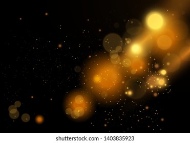 Sparkling golden magic star comet on black background. White sparks and stars glitter special light effect. Cosmic glittering wave. Christmas flash.