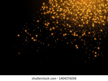 Sparkling golden magic star comet on black background. White sparks and stars glitter special light effect. Cosmic glittering wave. Christmas flash.