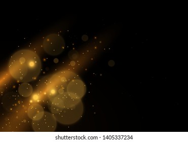 Sparkling golden magic star comet on black background. White sparks and stars glitter special light effect. Cosmic glittering wave. Christmas flash.
