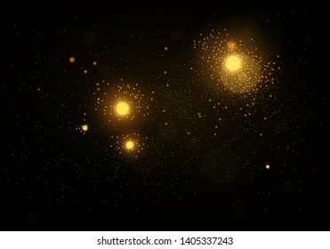 Sparkling golden magic star comet on black background. White sparks and stars glitter special light effect. Cosmic glittering wave. Christmas flash.