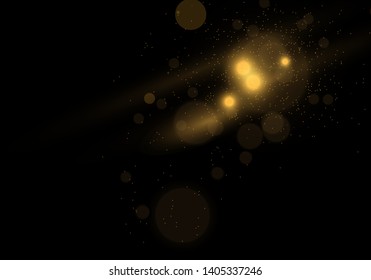 Sparkling golden magic star comet on black background. White sparks and stars glitter special light effect. Cosmic glittering wave. Christmas flash.