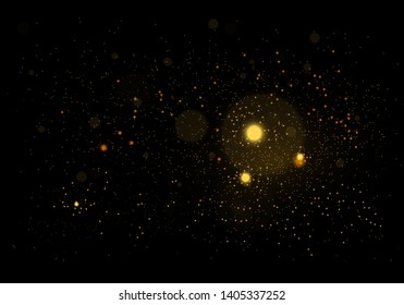 Sparkling golden magic star comet on black background. White sparks and stars glitter special light effect. Cosmic glittering wave. Christmas flash.