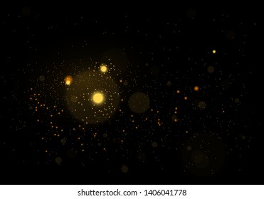 Sparkling golden magic star comet on black background. White sparks and stars glitter special light effect. Cosmic glittering wave. Christmas flash.